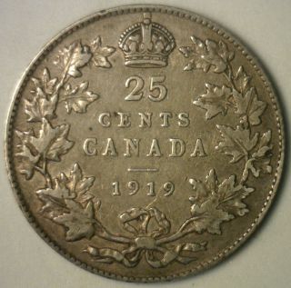 1919 Canadian Silver 25 Cent Quarter Coin Victoria Canada Very Good photo
