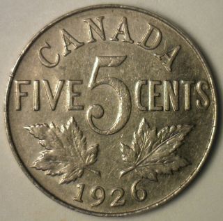 1926 Canadian Nickel 5 Cents Coin Five Cent George V Canada Type Coin Au photo
