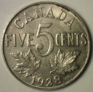 1928 Canadian Nickel 5 Cents Coin Five Cent George V Canada Type Coin Xf photo