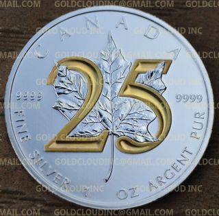 2013 Gilded Canadia Maple Leaf 25th Anniversary 1 Oz Fine Silver Gold Edition photo