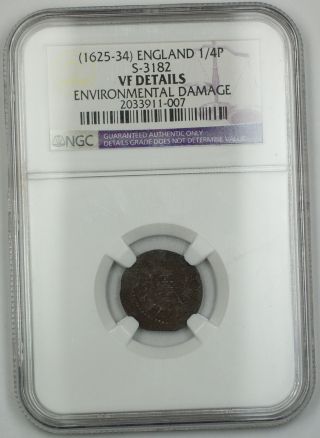 1625 - 34 England 1/4 P Farthing Silver Coin S - 3182 Charles I Vf Dtls Env Dmg Akr photo