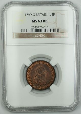 1799 Great Britain 1/4 Penny Farthing Copper Coin George Iii Ms - 63 Red Brown Akr photo