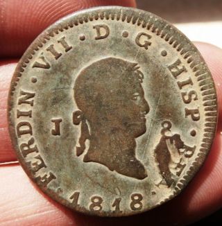 Pirate Treasure Coin,  1818 King Ferdinand Vii Spanish Colonial 8 Maravedis Cob photo