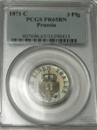 1871 C Germany Prussia 3 Pfennig (pfennige) Pcgs Pr65bn Gem Proof Ext.  Rare photo