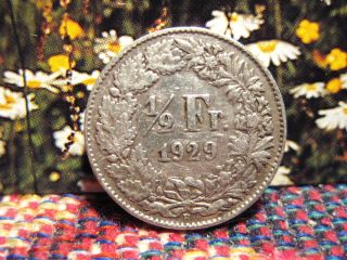 Switzerland,  Helvetia 1929 1/2 Franc Silver Coin.  Vf Circulated Diam 