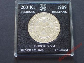 1989 Sweden 200 Crowns Silver Coin Sport Hockey Proof photo