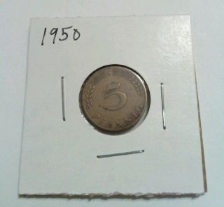 German 5 Pfenning 1950 Large J Brass - Plated Steel Coin photo
