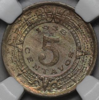 1938 Ngc Ms 63 Key Date Mexico Bu 5 Centavos (aztec Stone) Beautifully Toned photo
