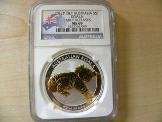 2012 P Australia $1 Gilded Koala Early Releases,  Ngc Ms 69 photo