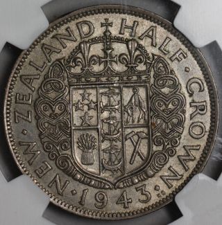 1943 Ngc Au 53 Almost Unc Zealand Silver 1/2 Half Crown (ngc Pop 1/6) photo