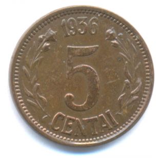 Lithuania 5 Centai 1936 Au+ Km81 Coin photo