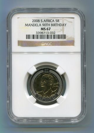 Ngc Nelson Mandela 90th Birthday R5 2008 Graded Ms 67 5r Coin - Madiba photo