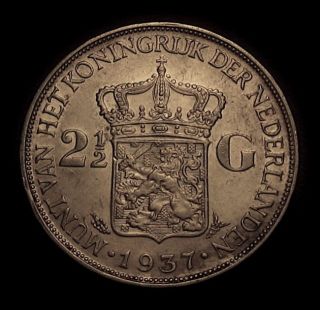 1937 Netherlands 2 1/2 Gulden Silver Crown Silver Coin Detail photo