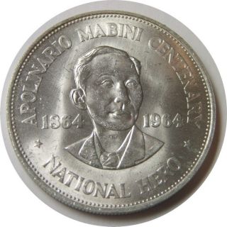 Elf Philippines 1 Peso 1964 Silver Apolinario Mabini photo