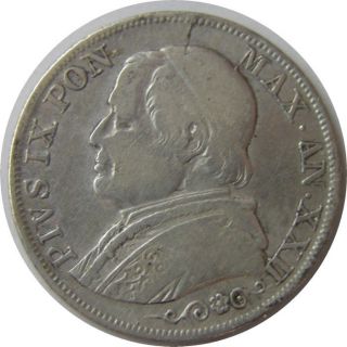 Elf Italy Papal States 1 Lira 1868 R Silver Pope Pius Ix photo