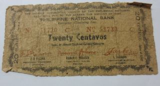 Collectible Philippine National Bank 1942 Series 20 Centavos Paper Note photo