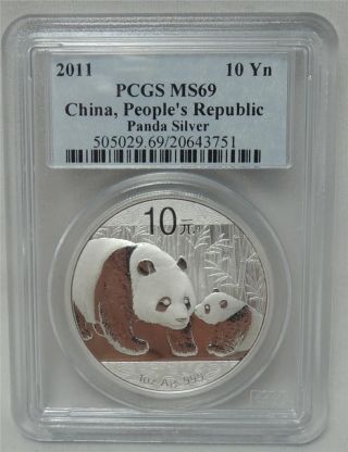 China 2011 Silver Panda Coin Pcgs Ms69 S10y / 10yn 1oz Pure Silver photo