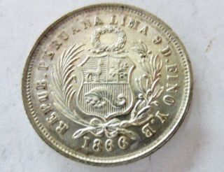 Well Struck 1866 Yb Bu Republica Peruana One Dinero Silver Coin photo