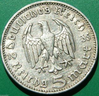 German Silver Coin 5 Rm 1935 J Big Eagle Nazi Coin photo