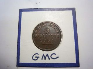 1861 A German 3 Pfenninge Copper Coin Km - 482 photo