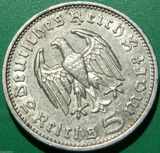 German Silver Coin 5 Rm 1935 E Big Eagle Nazi Coin photo