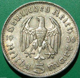 German Silver Coin 5 Rm 1936 F Big Eagle Nazi Coin photo
