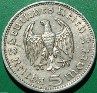German Silver Coin 5 Rm 1936 A Big Eagle Nazi Coin photo