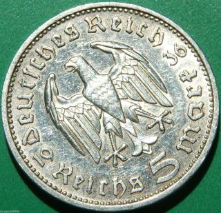 German Silver Coin 5 Rm 1936 E Big Eagle Nazi Coin photo