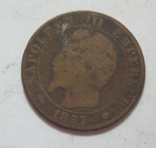 1857m France Bronze 5 Centimes Coin - Napoleon Iii - photo