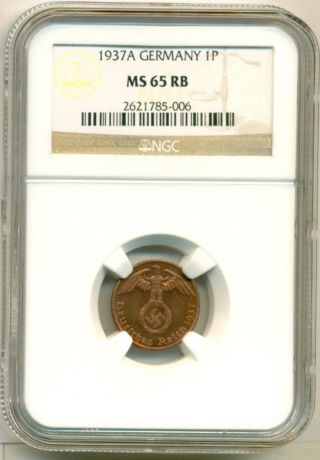 Germany Third Reich Pfennig 1937 A Ms65 Rb Ngc photo