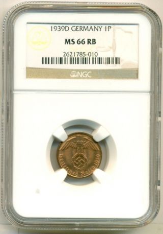 Germany Third Reich Pfennig 1939 D Ms66 Rb Ngc photo