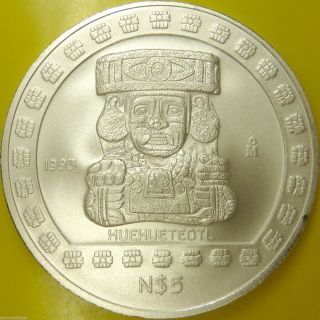 Old Aztec God Silver Coin - 1993 1 Oz Mexican.  999 Bullion 5 Pesos Huehueteotl photo