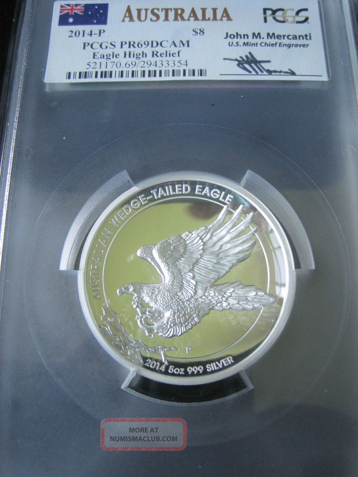 2014 - P 5 Oz Pcgs Pr69dcam Wedge - Tailed High Relief Silver Eagle Merrcanti Australia photo