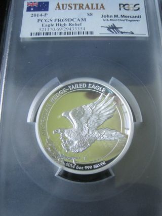 2014 - P 5 Oz Pcgs Pr69dcam Wedge - Tailed High Relief Silver Eagle Merrcanti photo