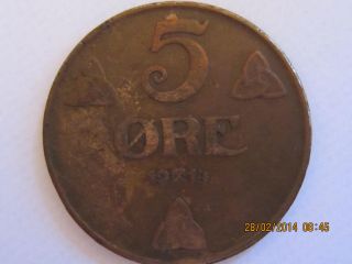 Norway 5 Ore,  1914,  Old Bronze Coin In. photo
