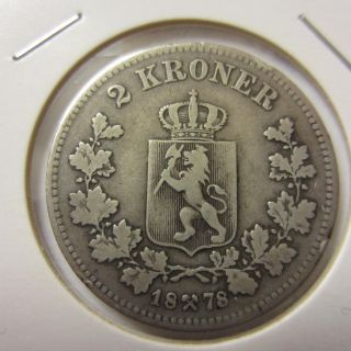 Norway 2 Kroner,  1878 Oscar Ii,  A Heavy Silver Coin,  High Value,  Rare Coin. photo