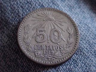 . 720 Silver 1919 Mexico 50 Centavos - Little Better Date photo