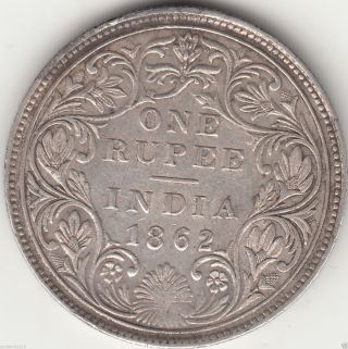 British India Rare Year - 1862 - Victoria Queen One Rupee Uncleaned Silver Coin photo