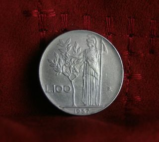 Italy 100 Lire 1957 R World Coin Km96.  1 Minerva Olive Tree Athena Details photo