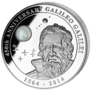Galileo Galilei 450 Anniversary Moonstone 2 Oz Silver Coin 10$ Cook Island 2014 photo
