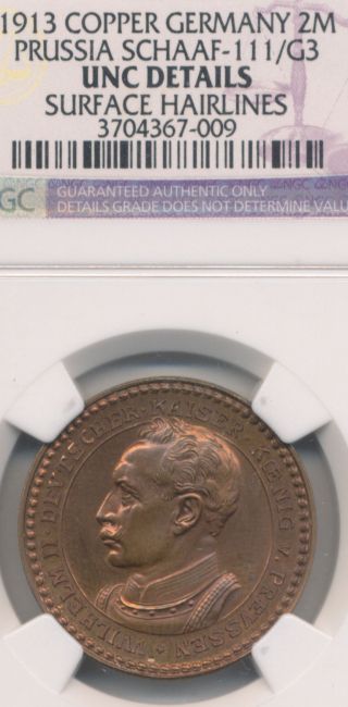 Rare Germany Prussia 1913 Copper Pattern 2 Mark Schaaf - 111/g3 Ngc Unc Detail photo