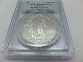 Bhutan 1992 World Cup 300 Ngultrum Silver Coin Pr 66 Dcam (pcgs Graded) photo