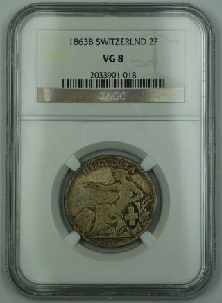 1863 - B Switzerland 2 Franc Silver Swiss Coin Ngc Vg - 8 Akr photo
