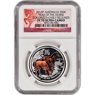 2014 - P Australia Silver ' Year Of The Horse ' (1/2 Oz) Colorized Proof Ngc Pf70 Er photo