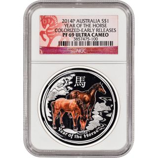 2014 - P Australia Silver ' Year Of The Horse ' (1 Oz) Colorized Proof - Ngc Pf69 Er photo