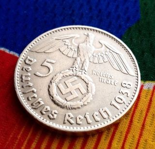Extra Rare 1938 D Ww2 5 Mark 90% Silver German Third Reichsmark Coin photo