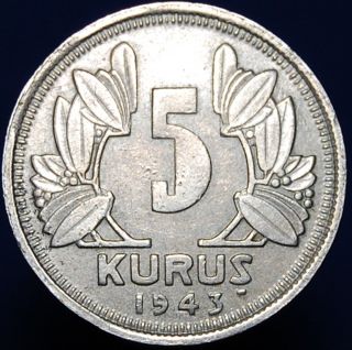 Turkey 5 Kurush 1943 Copper - Nickel Coin Km 862 photo