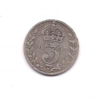 1908 British Silver Three Pence - - Strong Crown Details photo