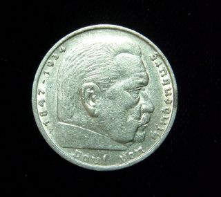 Germany 1935 - F 5 Reichsmark Coin.  900 Silver Hindenburg & Eagle photo