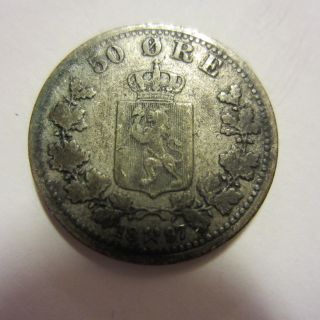 Norway 50 Ore,  1897 Oscar Ii,  Silver Coin,  High Value Low Mintage Coin. photo